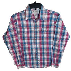 Wrancher by Wrangler Pink & Teal Plaid Gold Metallic Western Pearl Snap Shirt-L
